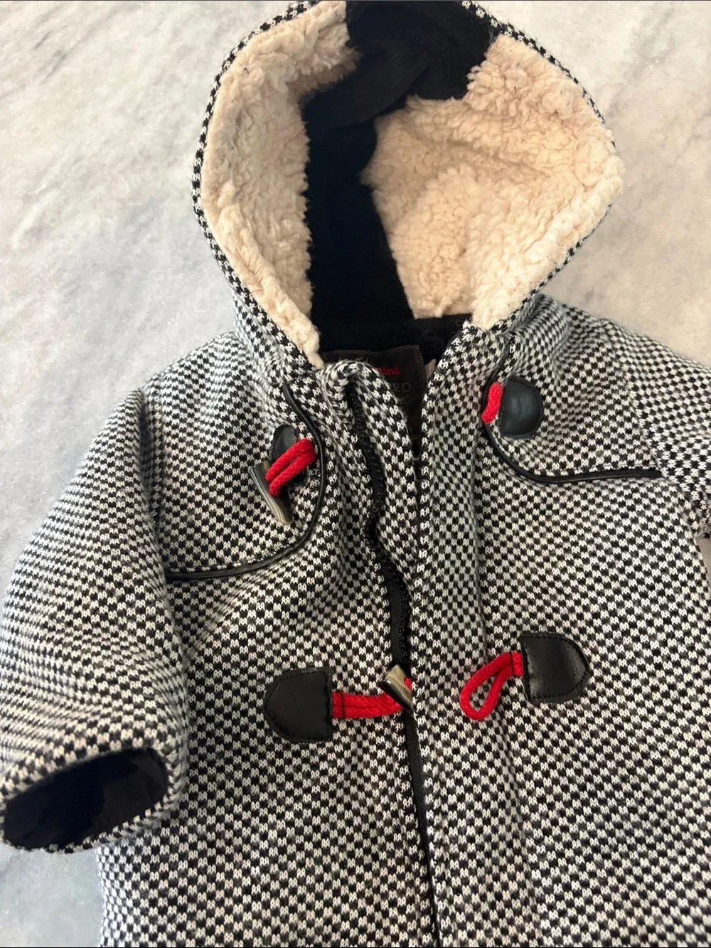 Catimini Black & White Checked Hooded Pea Coat with Red Toggle Accents